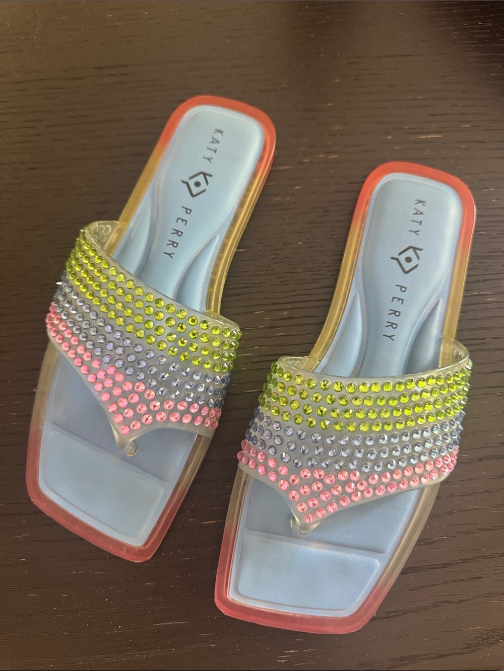 Katy Perry Collections Rubber Multicolor Crystal Slide Thong Sandals. Size 8.5